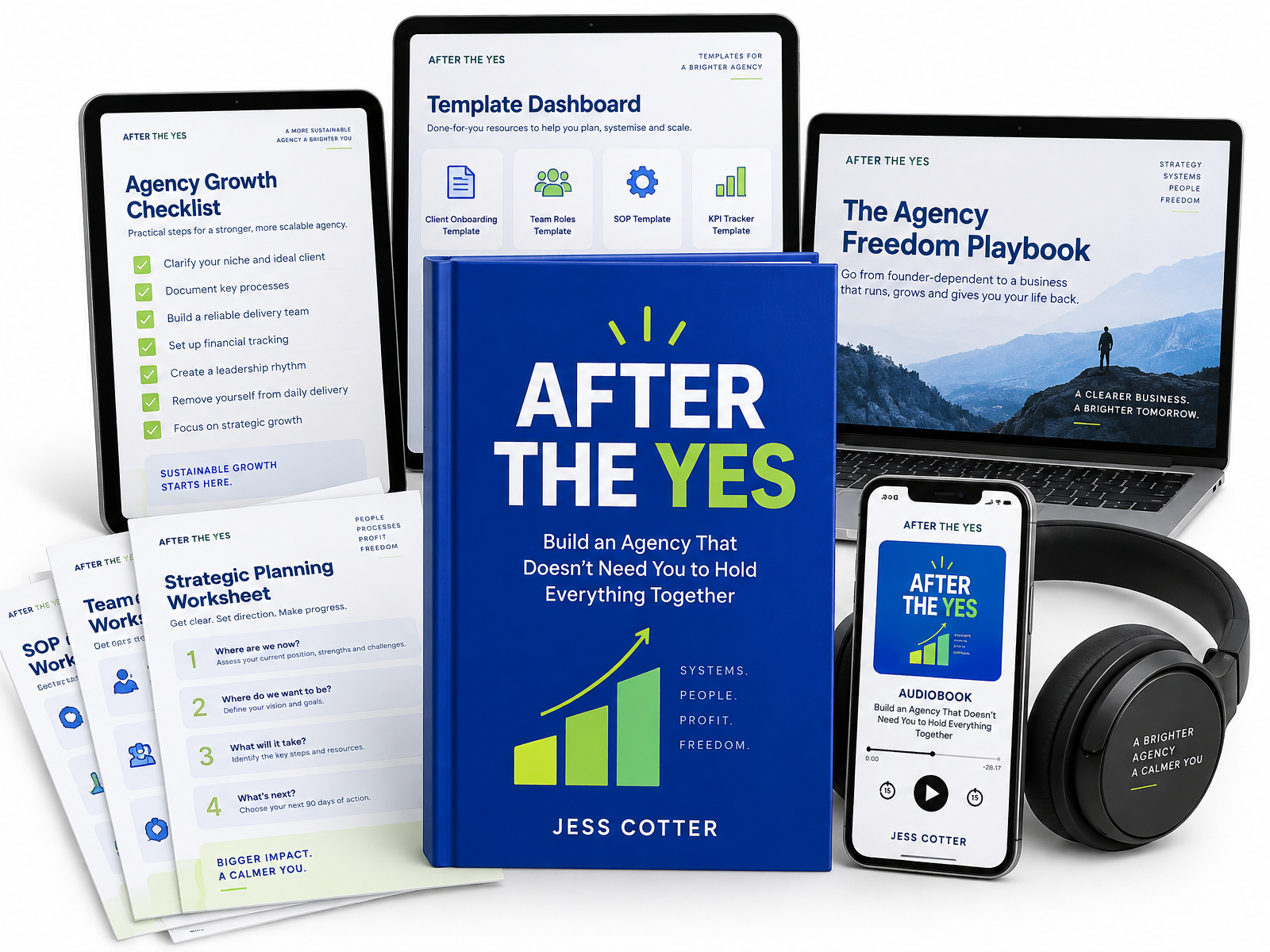 After the Yes book by Jess Cotter with the audiobook and bonus resources shown on a tablet, laptop and phone